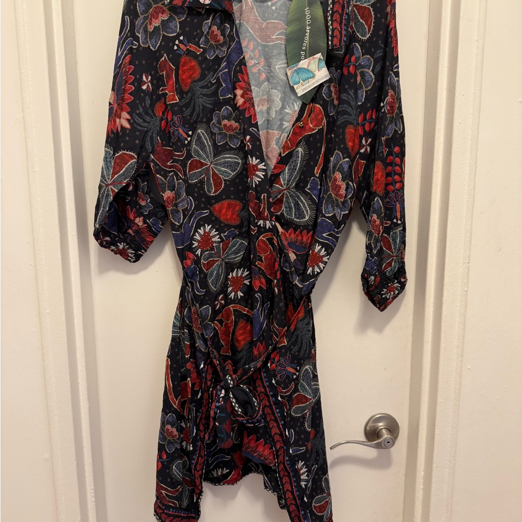 Farm Rio Floral Wrap Dress With Red And Black Pattern